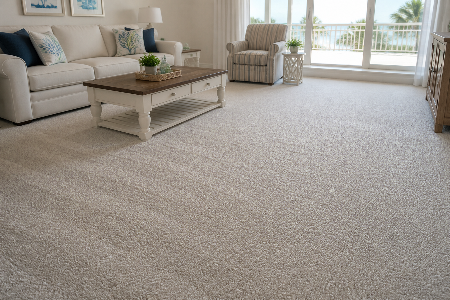 Freshly cleaned residential carpet in a bright living space.